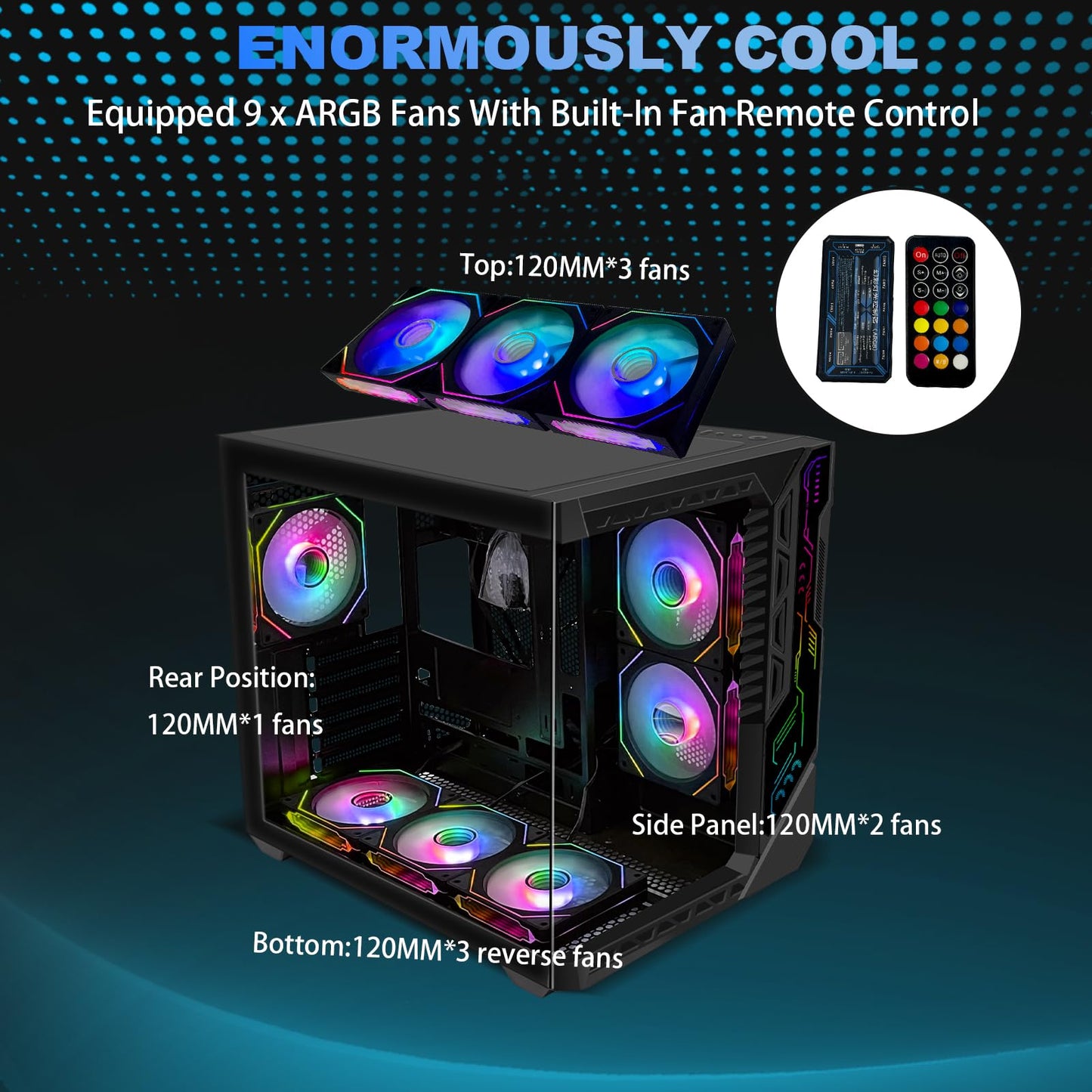 PC Gaming Case with 9pcs ARGB Fans,Mid-Tower case Control Remote,Type-C,ATX Case 360mm Radiator Support,ATX PC Case Tempered Glass Front/Side Panel,Computer Case High-Airflow Black