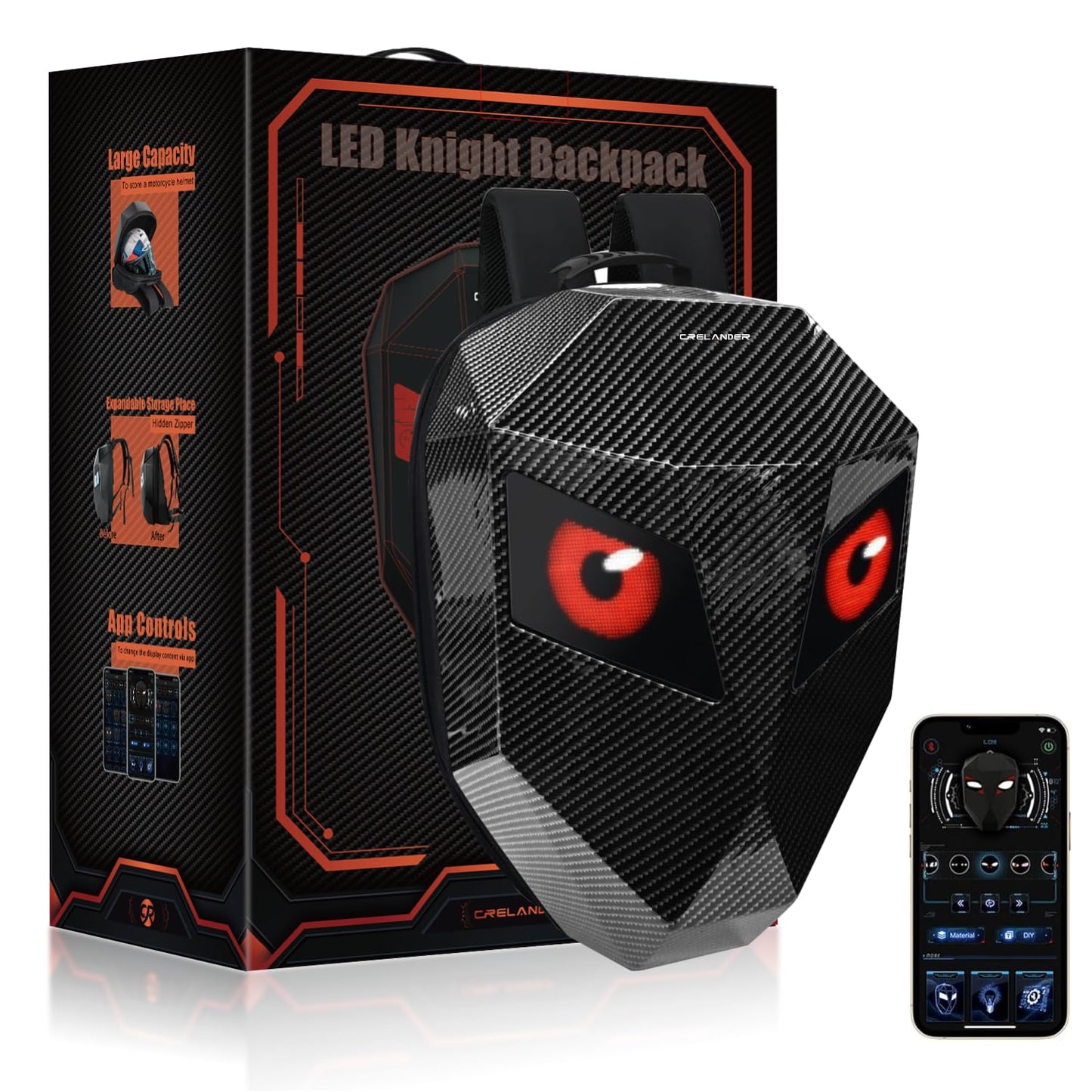 Crelander LED Knight Rucksack, 19-Zoll-Motorradrucksack mit App-Steuerung, programmierbarem Vollfarbdisplay, wasserdicht, großes Fassungsvermögen, Hartschalen-Helmtasche, DIY-Pixel-Art-Animations-Laptop-Tagesrucksack 