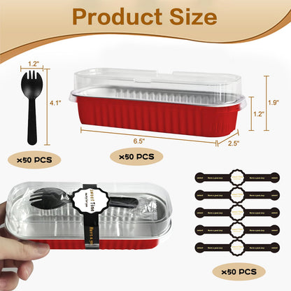 OBXMLFY Mini Cake Pans With Lids And Spoons 50 Pack,6.8 oz Rectangle Mini Loaf Pans Disposable Aluminum Foil Baking Cups Muffin Tins - Pink (50, red)