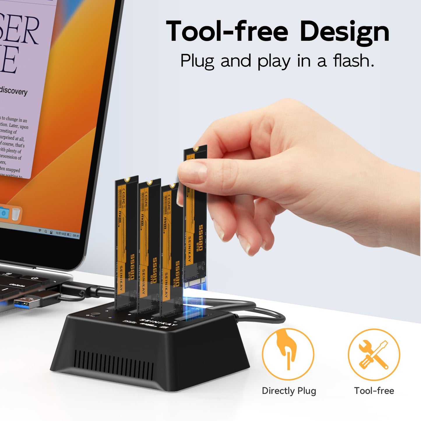 SEINIKAY M.2 Dock mit Lüfter für NVMe SATA SSD, werkzeugloser 4-Bay-NVMe-Kartenleser mit Kontrollleuchte, 10 Gbit/s Geschwindigkeit (keine Klonfunktion)