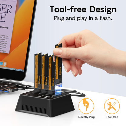 SEINIKAY M.2 Dock mit Lüfter für NVMe SATA SSD, werkzeugloser 4-Bay-NVMe-Kartenleser mit Kontrollleuchte, 10 Gbit/s Geschwindigkeit (keine Klonfunktion)
