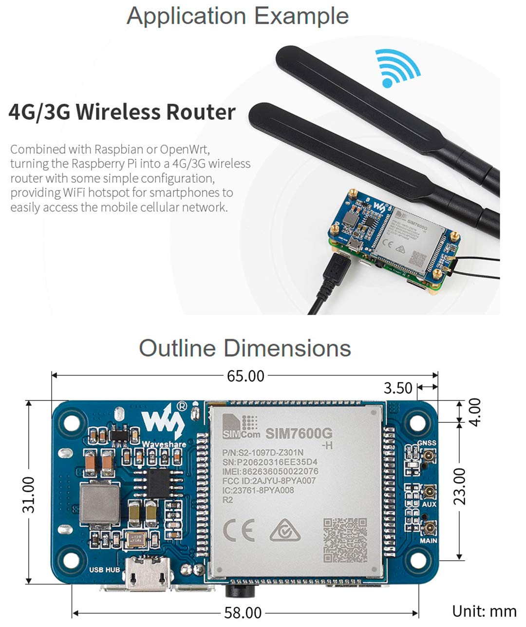 SIM7600G-H 4G HAT-Modul für Raspberry Pi und PC, unterstützt LTE Cat-4 4G/3G/2G-Kommunikation und GNSS-Positionierung, globales Frequenzband, bis zu 50 Mbit/s Uplink, 150 Mbit/s Downlink