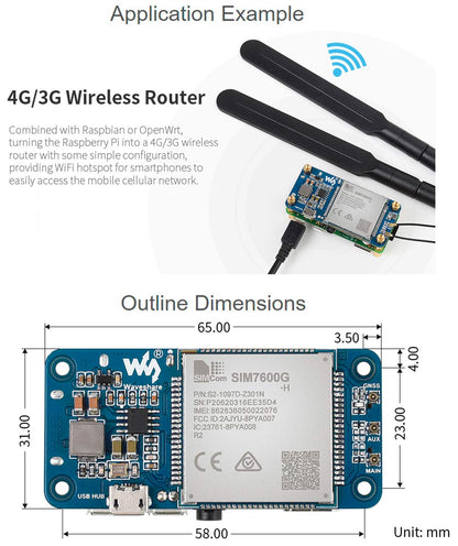 SIM7600G-H 4G HAT-Modul für Raspberry Pi und PC, unterstützt LTE Cat-4 4G/3G/2G-Kommunikation und GNSS-Positionierung, globales Frequenzband, bis zu 50 Mbit/s Uplink, 150 Mbit/s Downlink