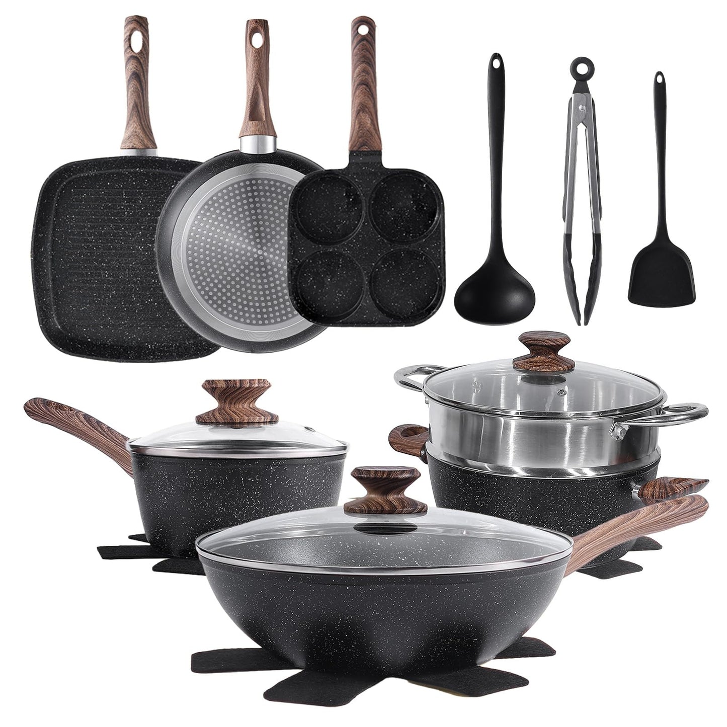 Sweetcrispy 17 Pcs Nonstick Pots and Pans, Non-toxic Kitchen Cooking Set with Stay-Cool Handles, Natural Black