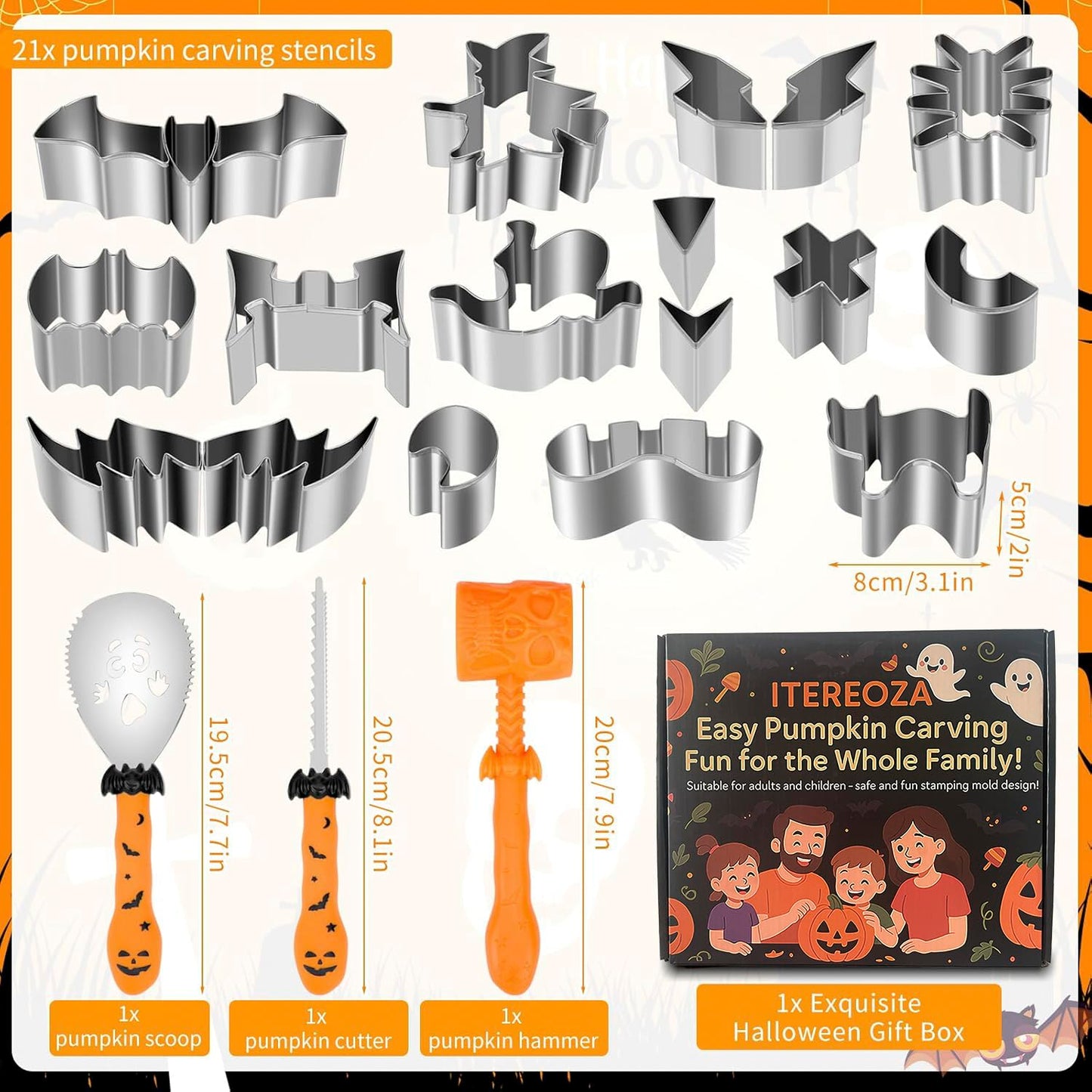 Pumpkin Carving Kit Tools Halloween, 25PCS Safe DIY Pumpkin Carving Kit Tools for Kids and Adults, Reusable Stainless Steel Carving Kit Tools for Halloween Decorations (With Hammer & Pliers)