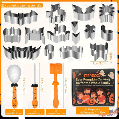 Pumpkin Carving Kit Tools Halloween, 25PCS Safe DIY Pumpkin Carving Kit Tools for Kids and Adults, Reusable Stainless Steel Carving Kit Tools for Halloween Decorations (With Hammer & Pliers)