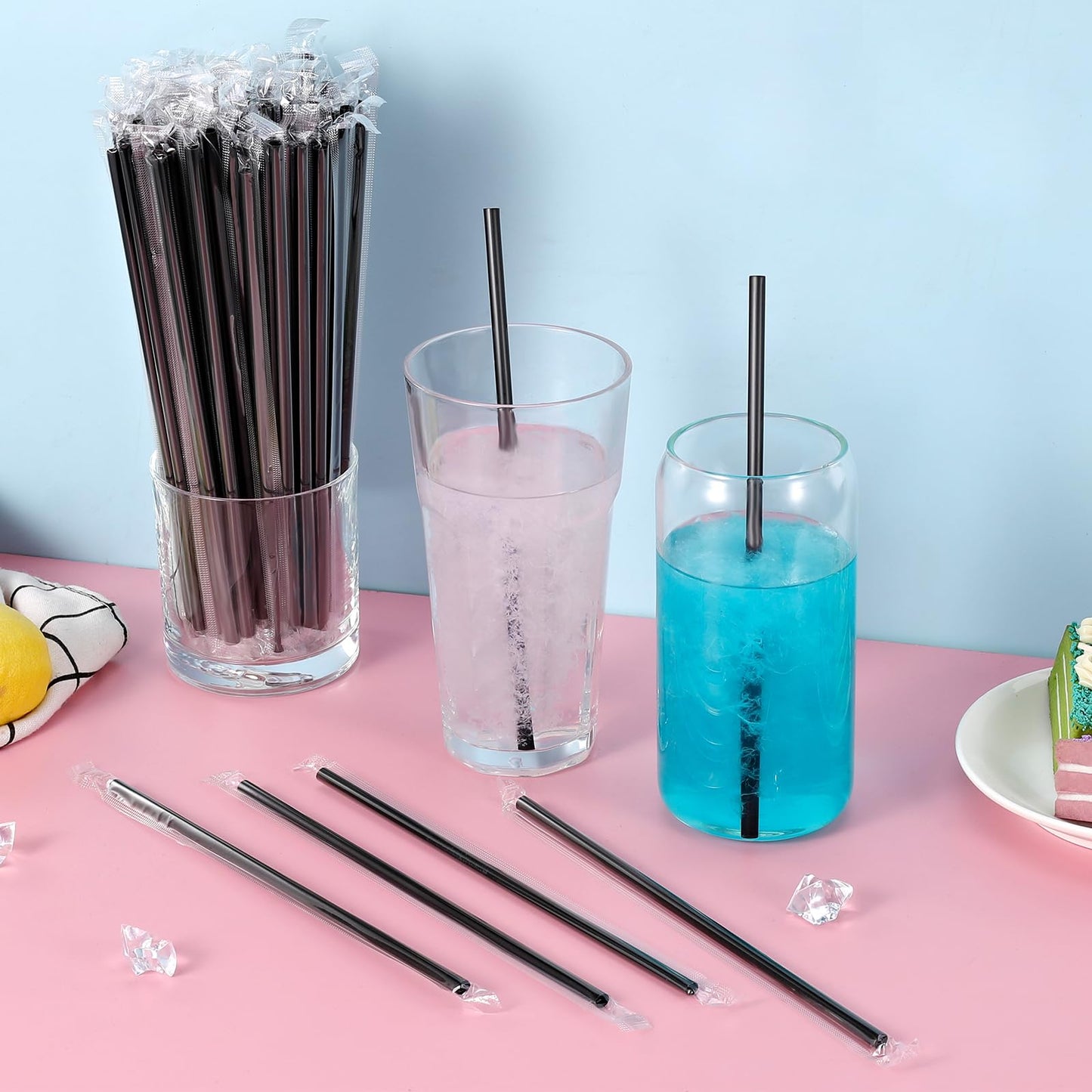 [Individually Wrapped] 100Pcs Disposable Plastic Straws - 8.26"*0.23" Black Drinking Straws for Hot/Cold Drinks,Juice,Coffee,Cocktail