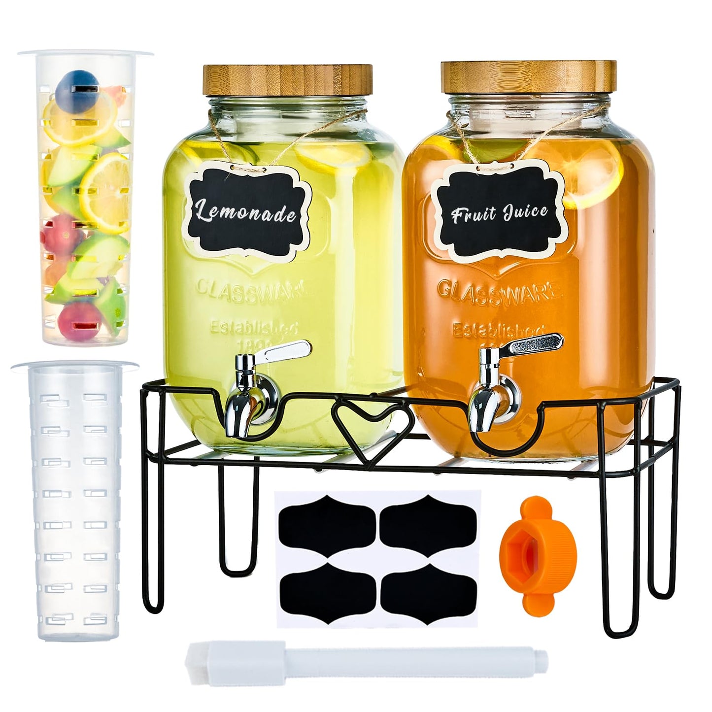 ShoreHao 2er-Pack 1-Gallonen-Glasgetränkespender mit Ständer, Bambusdeckeln und Fruchteinsatz, auslaufsicherer Zapfhahn aus Edelstahl 304, Getränkespender für Partys, Wasser, Sangria, Saft, Eistee, Limonade (natürlich)