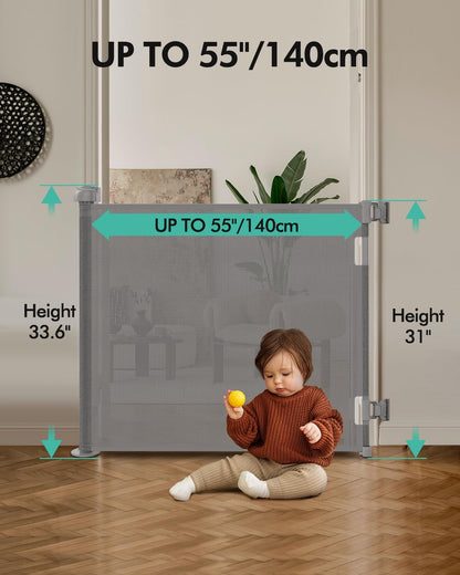 Retractable Baby Gates, Mesh Dog Gate for Doorways, 33.6" Tall, Expands to 55" Wide,Pet Safety Essential Fit for Baseboards, Wide Toddlers Gates for Hallways, Indoor & Outdoor,Grey