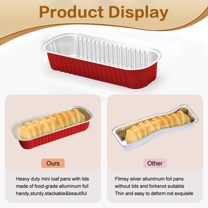OBXMLFY Mini Cake Pans With Lids And Spoons 50 Pack,6.8 oz Rectangle Mini Loaf Pans Disposable Aluminum Foil Baking Cups Muffin Tins - Pink (50, red)