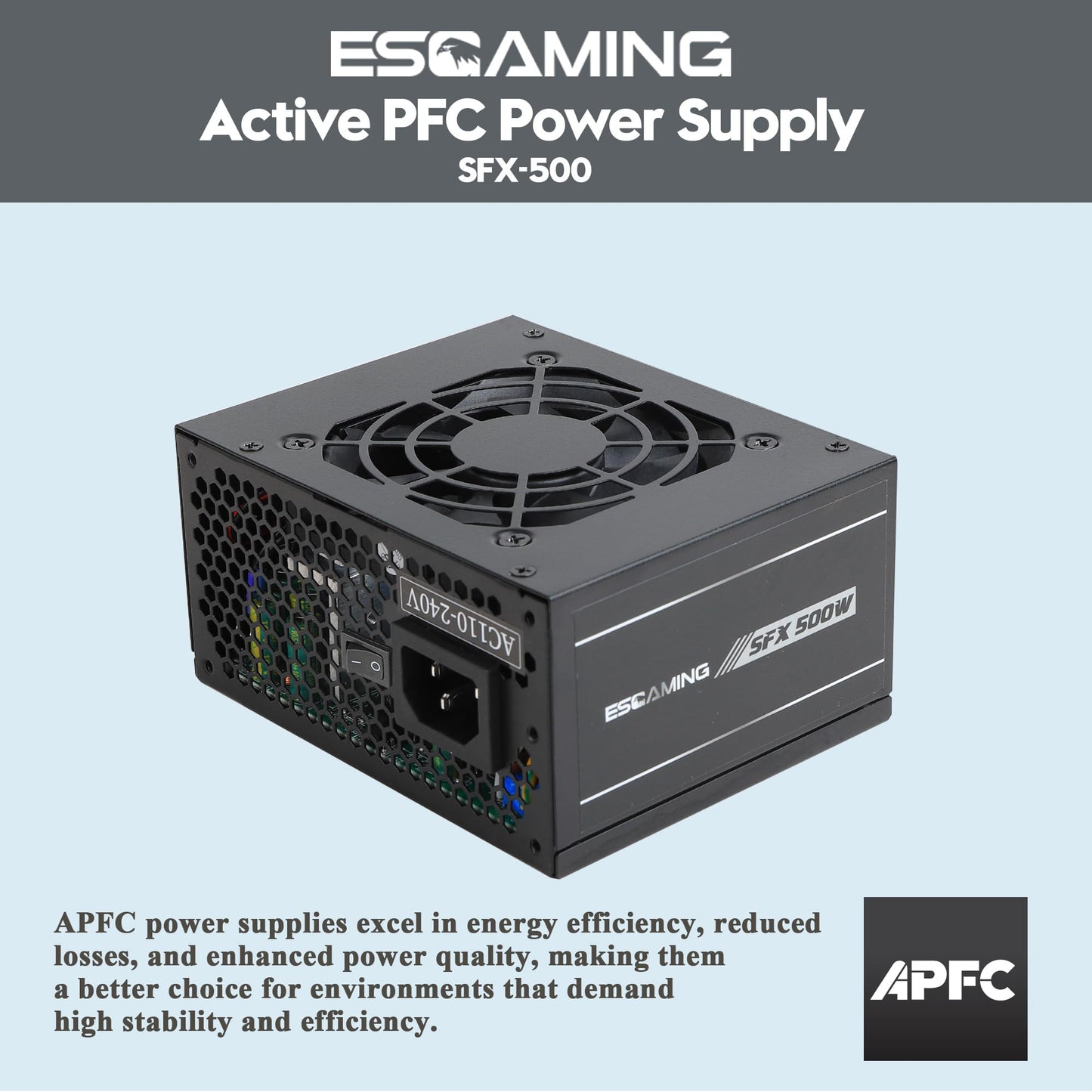 SFX 500W Power Supply, ESGAMING Micro ATX/Mini ITX Solution 500W PSU Full Range Active PFC 110-240V, Low Noise Fan for Desktop Gaming Server SFX Form Factor Computer