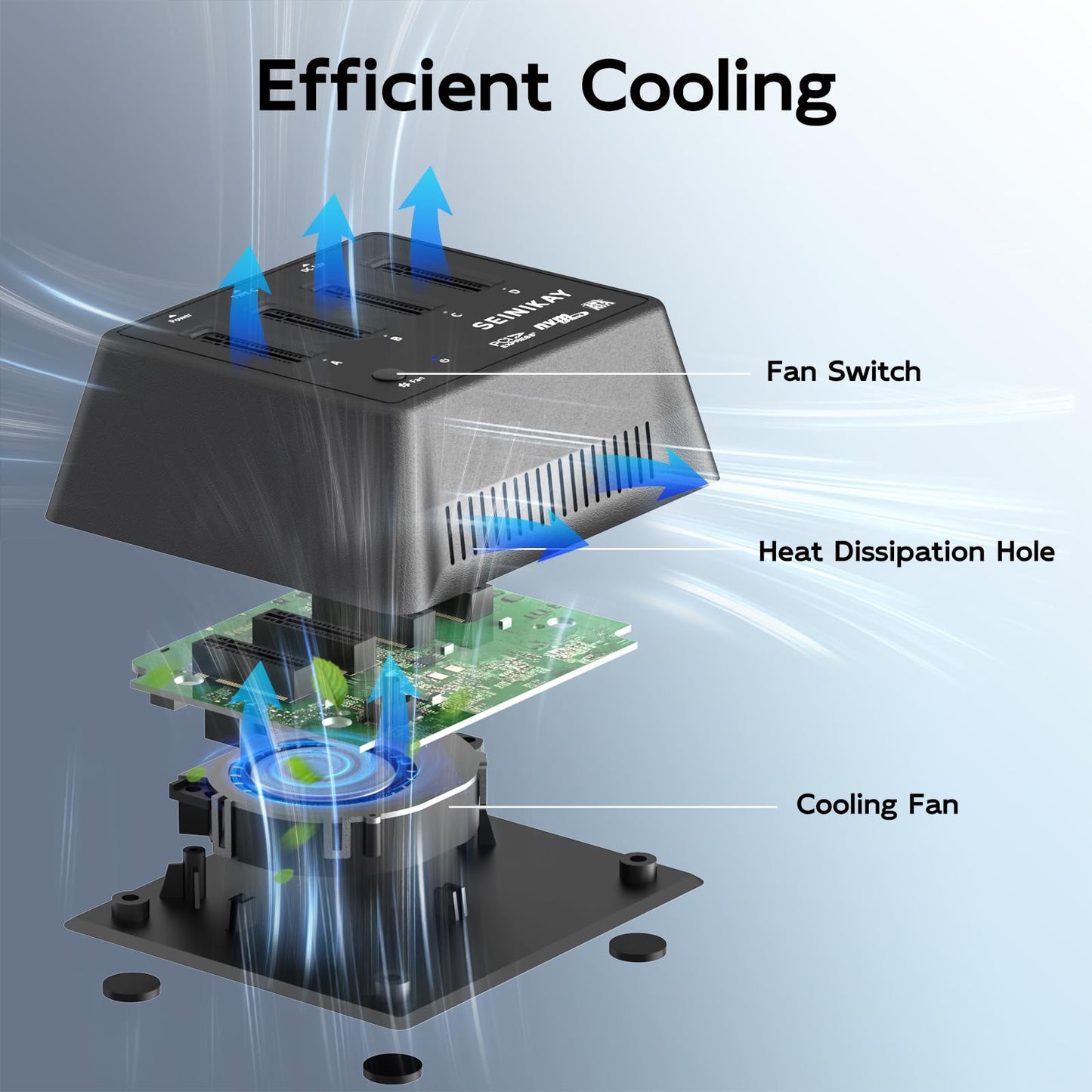 SEINIKAY M.2 Dock mit Lüfter für NVMe SATA SSD, werkzeugloser 4-Bay-NVMe-Kartenleser mit Kontrollleuchte, 10 Gbit/s Geschwindigkeit (keine Klonfunktion)