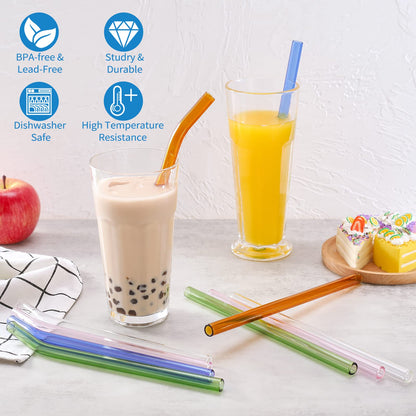 RENYIH 10 Pcs Reusable Glass Smoothie Straws,9''x12 mm Glass Drinking Straws for Milkshakes, Tea, Juice,Set of 5 Straight and 5 Bent with 2 Cleaning Brushes -Dishwasher Safe(Colorful)