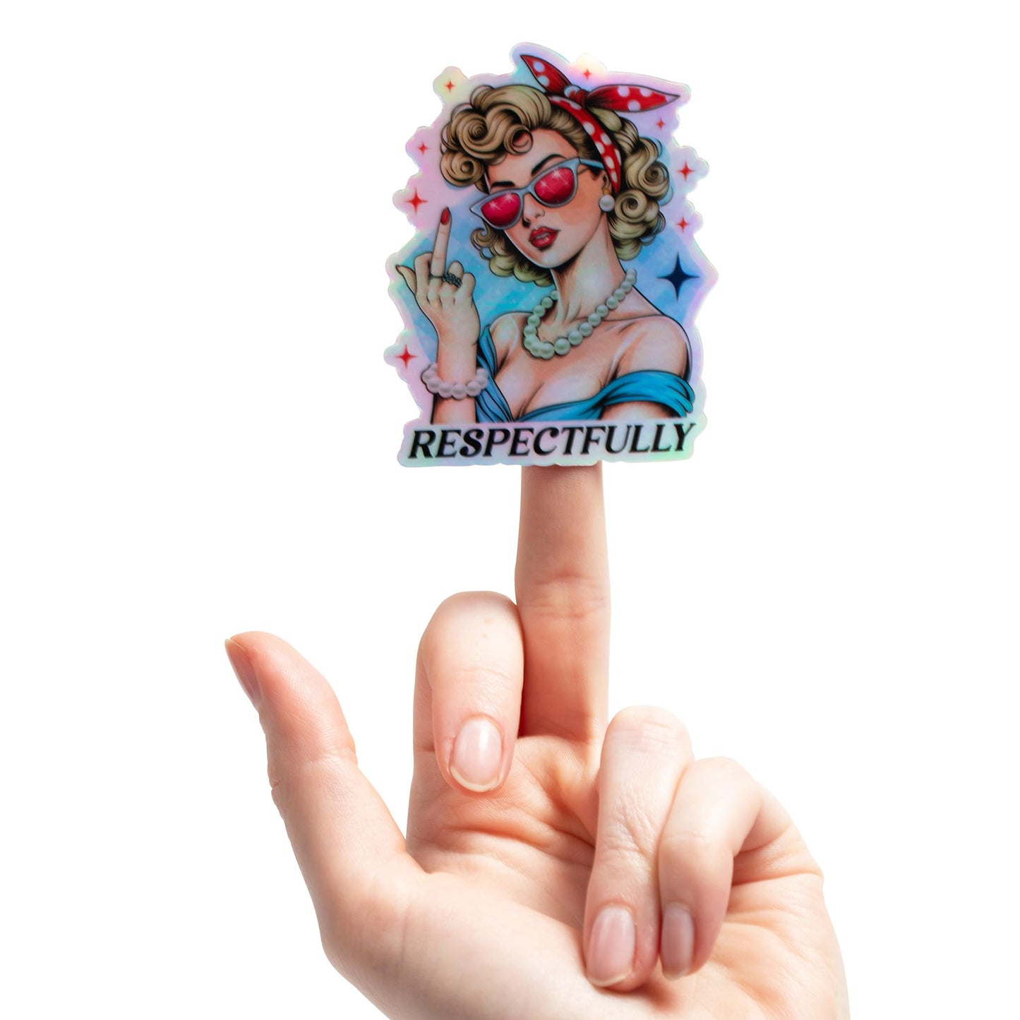 Respectfully Middle Finger Sassy Girl Holographic Sticker - Funny Adult Humor Meme for Water Bottles Stickers - Waterproof Cool Stickers for Laptop, Hard Hats, Phone, Scrapbooking Decals - 2 Pcs
