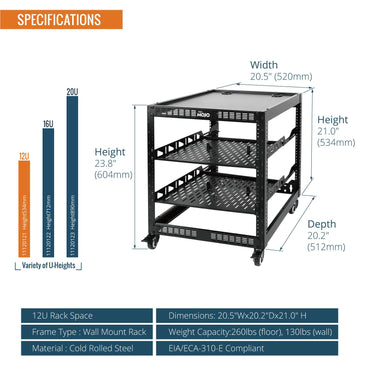 TECMOJO 12U Open Frame Network Rack for IT & AV Gear, 4-Post With Casters, Mobile With 2 PCS 1U Server Shelf & Mounting Hardware, for 19" Network, Audio and Video Device