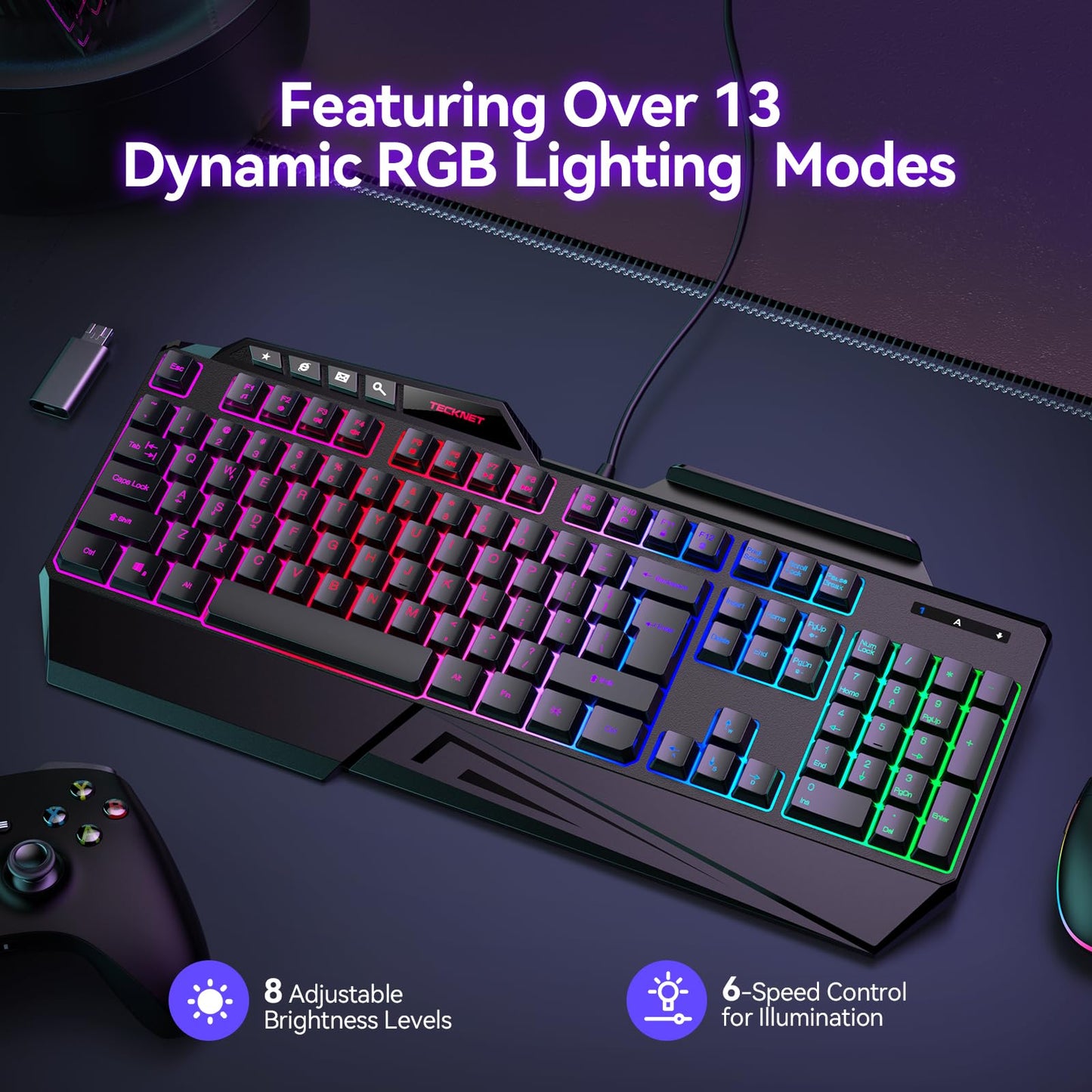 TECKNET Wired RGB Gaming Keyboard - 26-Key Anti-Ghosting, 13 Lighting Modes, Spill-Resistant, 108 Membrane Keys, Plug & Play - with Ergonomic Wrist Rest & Phone Holder for Windows/Mac (Black)