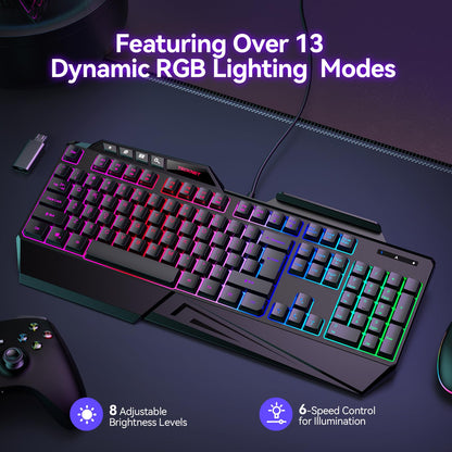 TECKNET Wired RGB Gaming Keyboard - 26-Key Anti-Ghosting, 13 Lighting Modes, Spill-Resistant, 108 Membrane Keys, Plug & Play - with Ergonomic Wrist Rest & Phone Holder for Windows/Mac (Black)