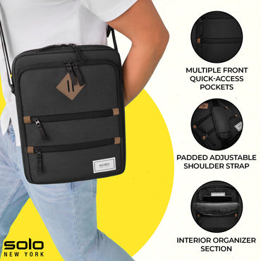 Solo New York Tablet Sling Bag for Women & Men - Crossbody Bag for Travel, Walking, & Hiking, Adjustable Shoulder Strap, Front Zippered Pockets, Fits 13" Tablets & 14" Laptops - Hydro, Black