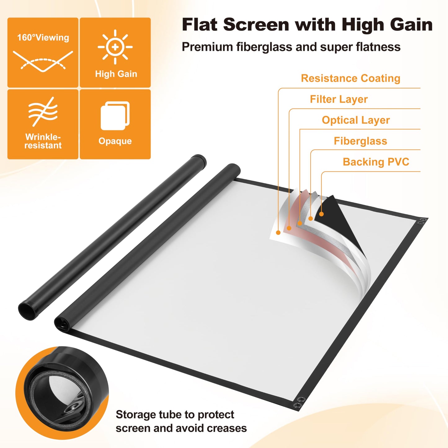 Outdoor Projector Screen 100 Inch, 16:9, High Gain, Projector Screen with Stand, Wind-resistant Design for Portable Projection Screen Outdoor, With Ropes and Spikes, 4K Image for Home Theater, Camping