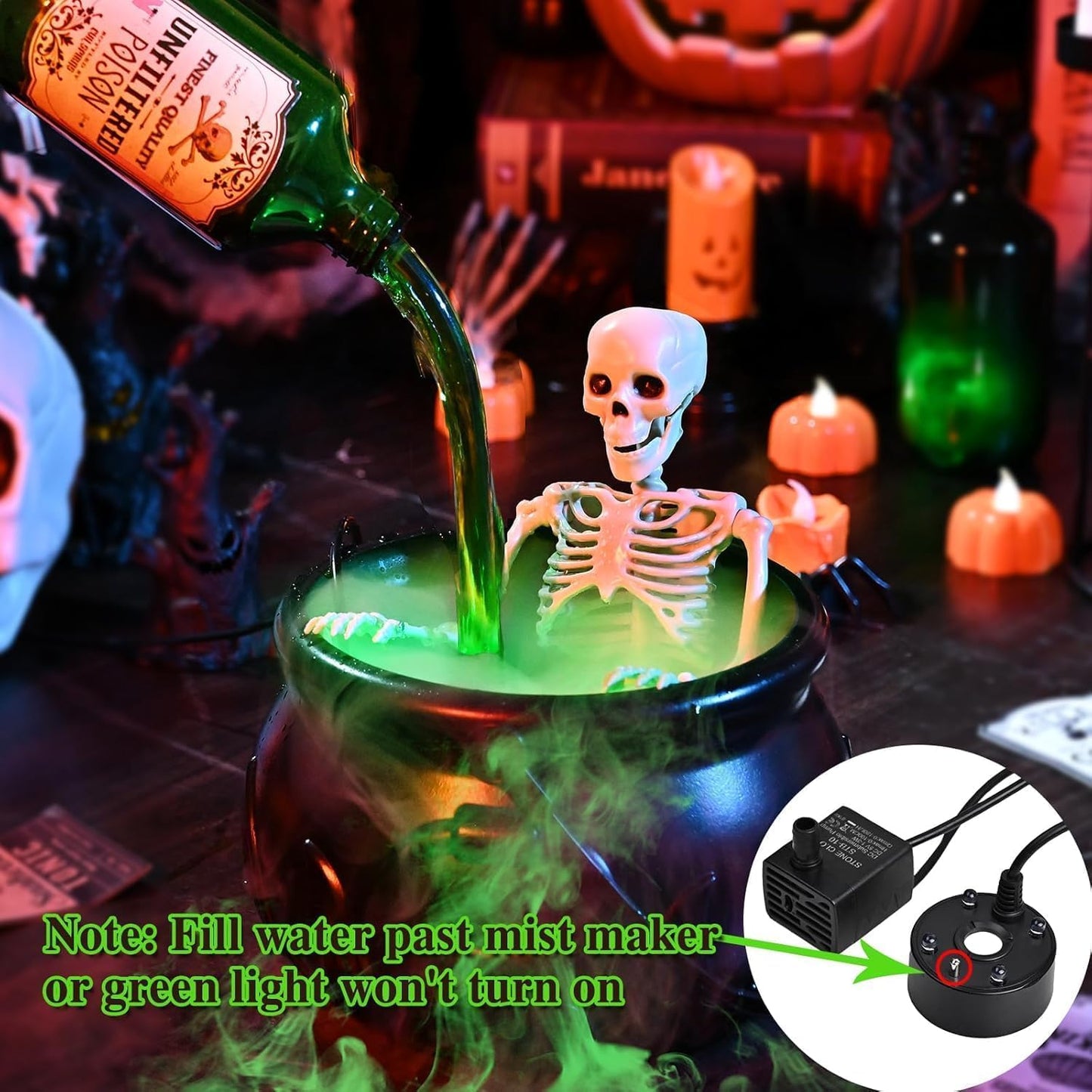 Nollapo Halloween 10” Floating Potion Cauldron Set with Mist Maker - DIY Spooky Witch Cauldron Décor with 9 Colorant Bottles (10")