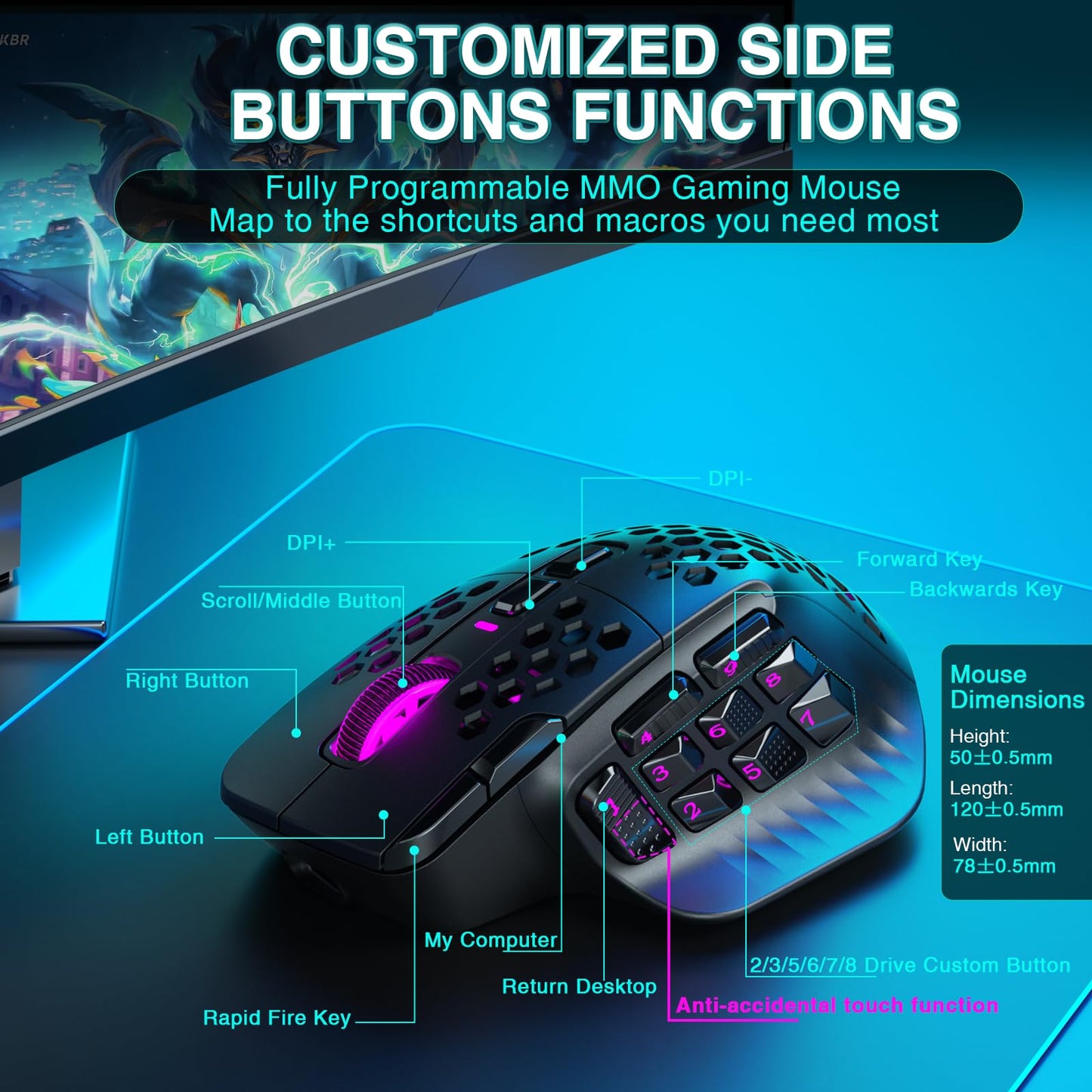 SOLAKAKA SM809 Pro Gaming Mouse with 9 Side Buttons,24000 DPI RGB Mouse for Gamer,16 Programmable Macros MMO Mouse,Black