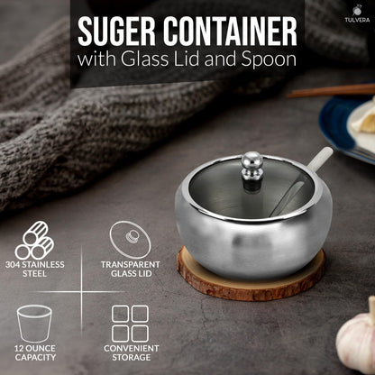 Sugar Bowl with Lid and Spoon | 12oz Sugar Container for Coffee Bar | Stainless Steel Holder Jar for Salt, Tea, Candy, Sugar Cube, Brown Sugar, Ghee | Kitchen Countertop Storage Accessories | 350ml
