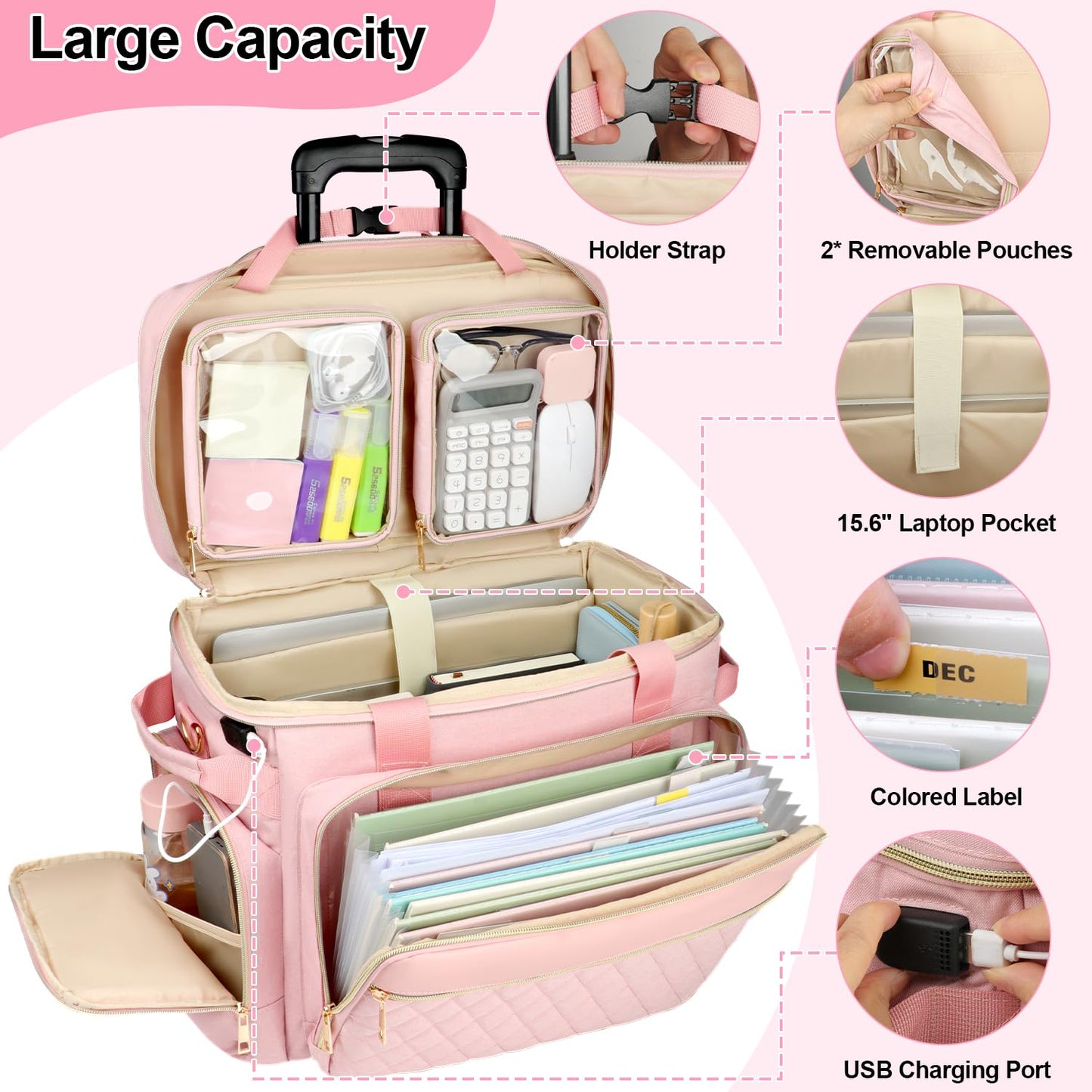 SIYNPAV Rolling Teacher Bag with Accordion File Organizer, USB Port& 15.6 Inch Laptop Compartment, Wheeled Teacher Tote Bag with Detachable Trolley for Teaching& Office Supplies Storage (Pink)