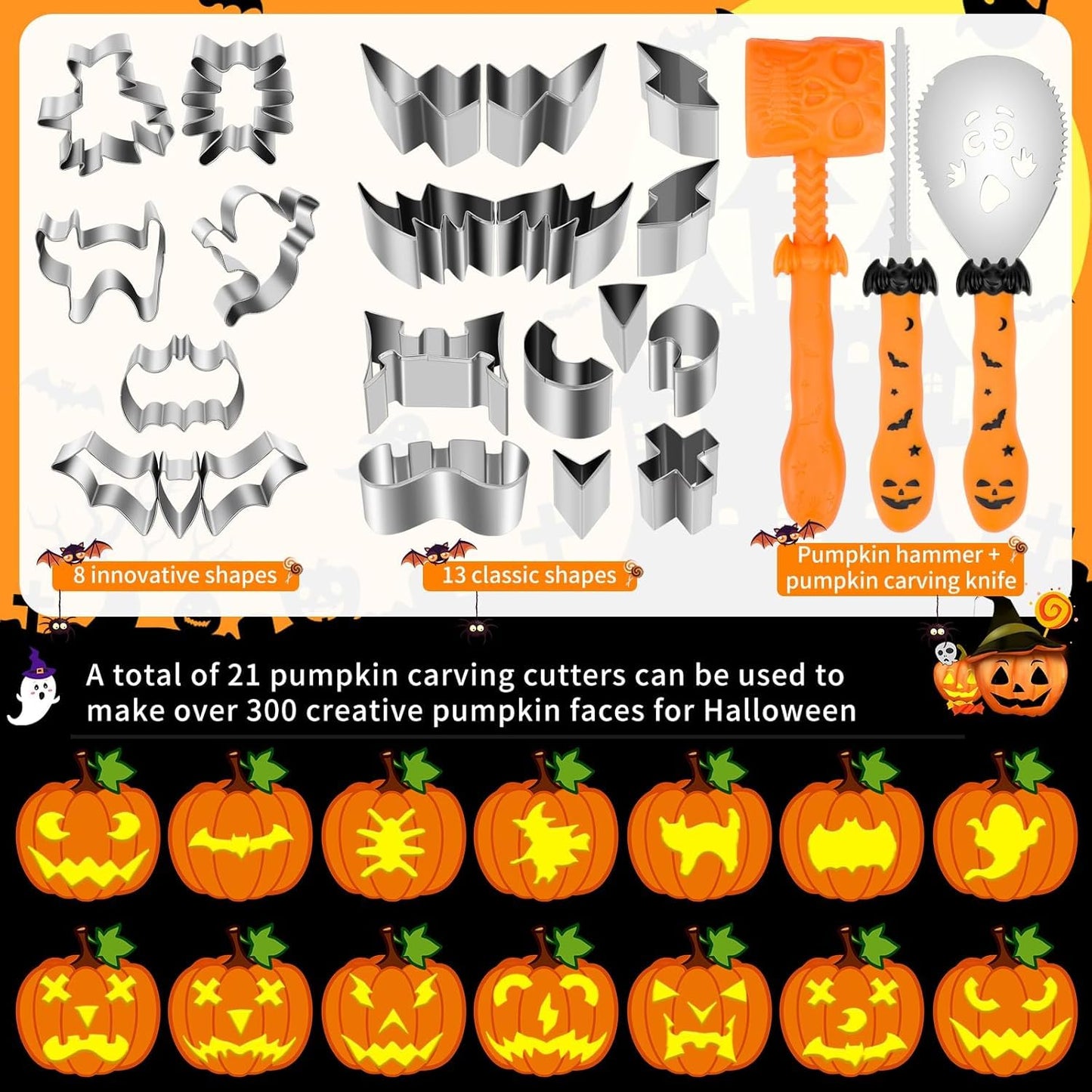 Pumpkin Carving Kit Tools Halloween, 25PCS Safe DIY Pumpkin Carving Kit Tools for Kids and Adults, Reusable Stainless Steel Carving Kit Tools for Halloween Decorations (With Hammer & Pliers)
