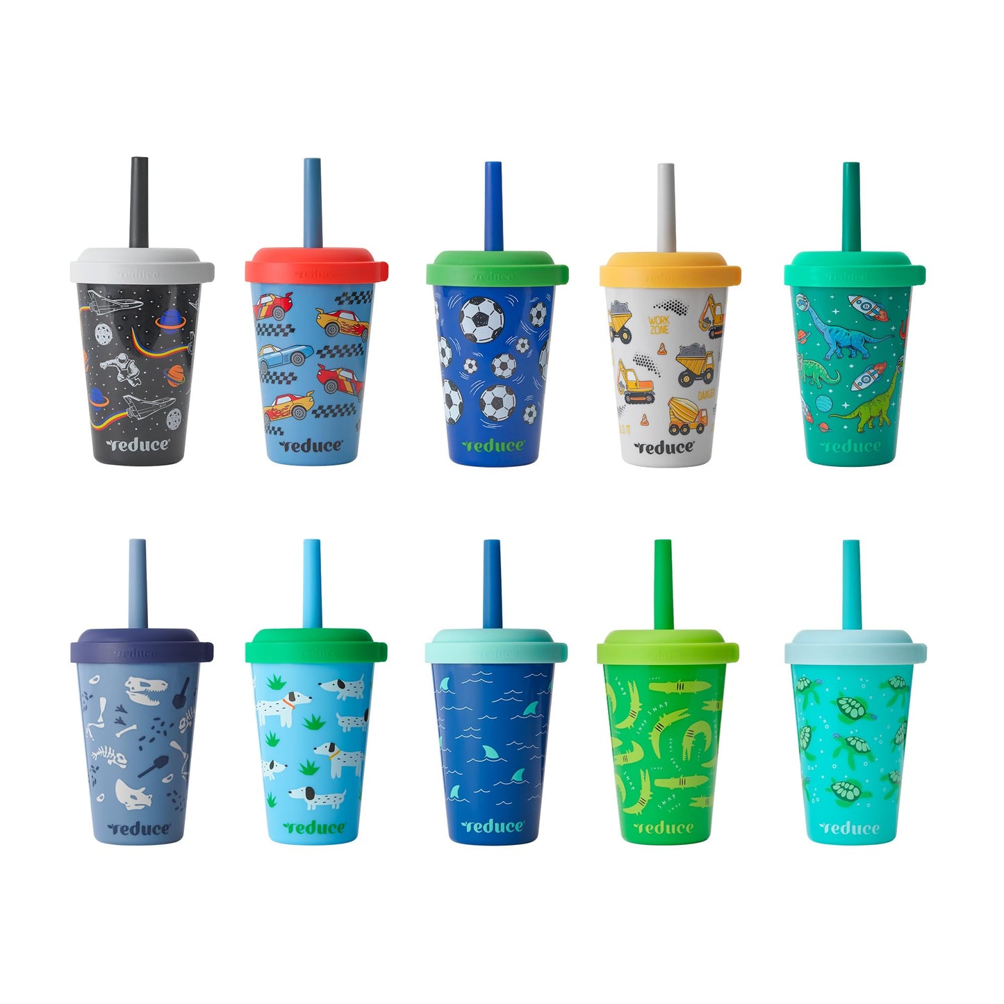 REDUCE GoGo's Kids Portable Tumbler Cups with Lids and Spill-Proof Straws - 10 Pack of Stackable 12 oz Tumblers with Twist-On Lids - Easy Storage, Dishwasher Safe - Club House