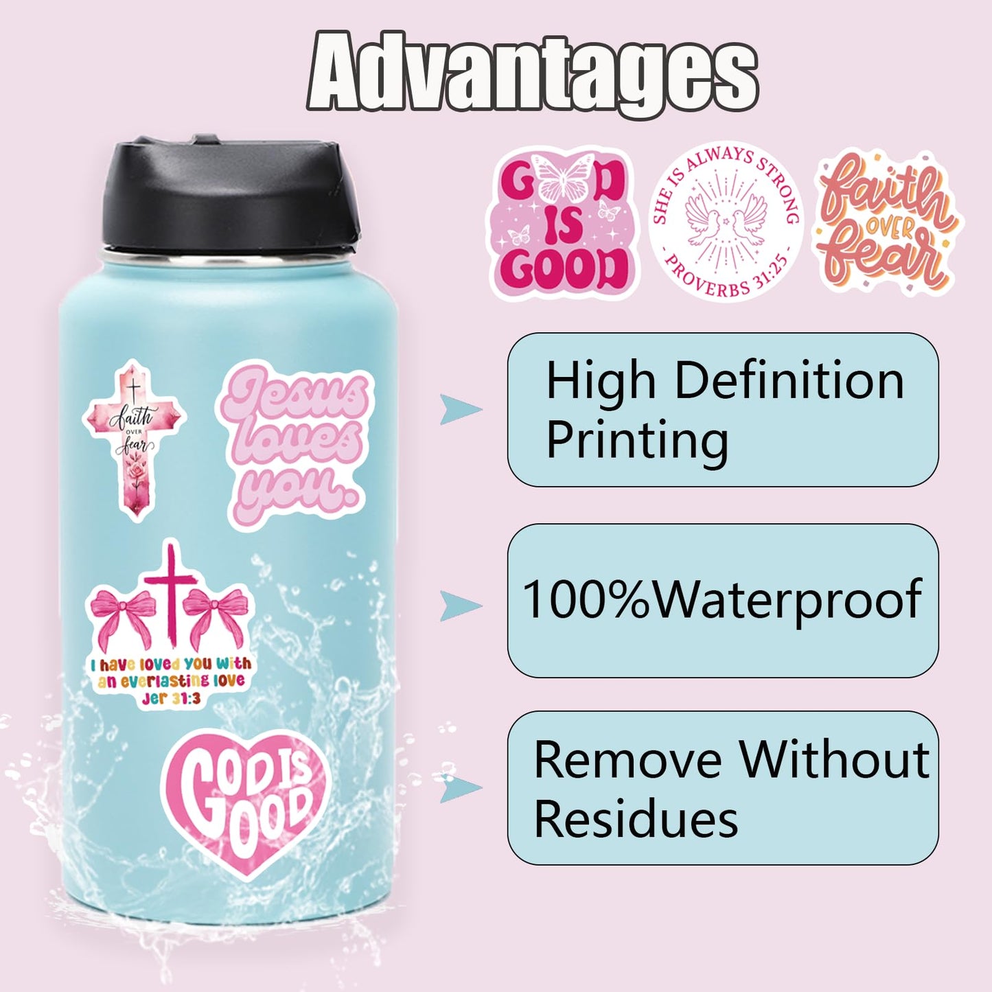 Pink Christian Stickers 55 PCS, Inspirational Bible Verse Stickers, Waterproof Jesus Sticker for Water Bottles Laptop Journaling, Adults Women Faith Gifts