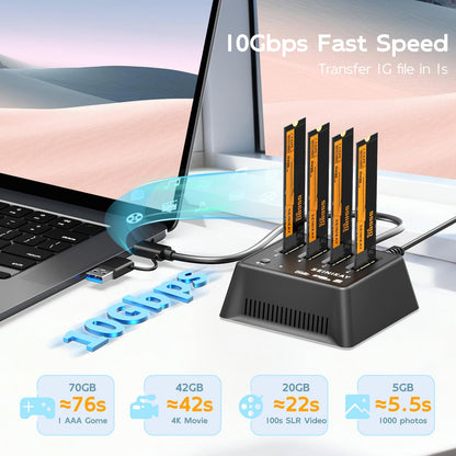 SEINIKAY M.2 Dock mit Lüfter für NVMe SATA SSD, werkzeugloser 4-Bay-NVMe-Kartenleser mit Kontrollleuchte, 10 Gbit/s Geschwindigkeit (keine Klonfunktion)