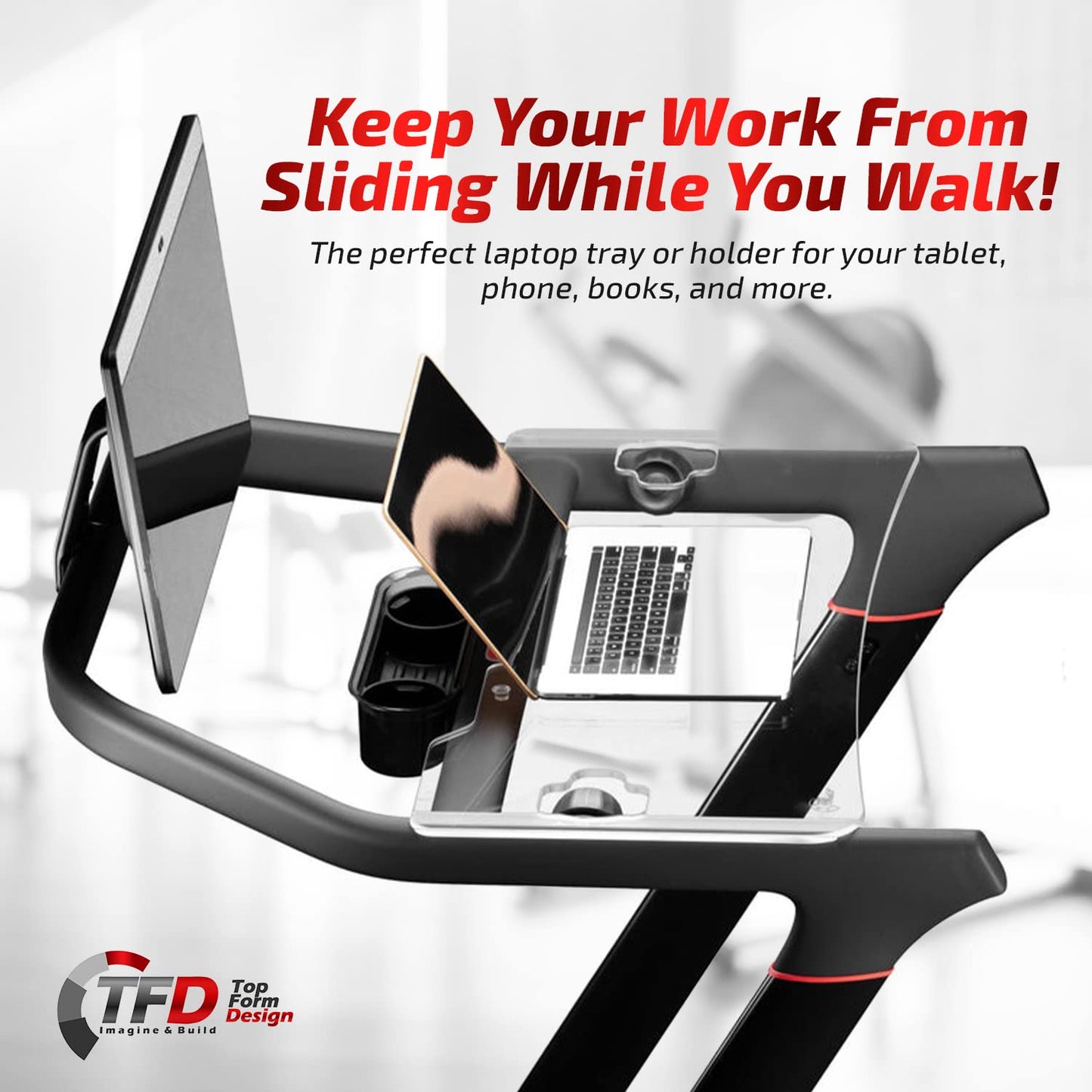TFD The Tread Tray 2.0 | Compatible with Peloton Tread (Does NOT FIT Tread Plus), Made in USA | Walking Desk Attachment Holder for Laptop, Tablet, Phone, & Book (Clear)