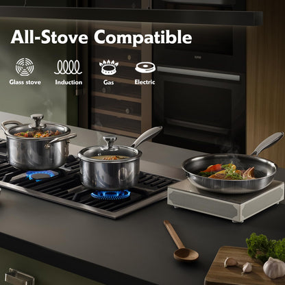 TalingMA Non Stick Pots and Pan Set, 10 Pcs Hybrid Stainless Steel Cookware Set with Lids, Kitchen Skillet, Stock Pot, Nonstick Frying Pan, PFOA-free Kitchen Cooking Utensils,Induction,Dishwasher Safe