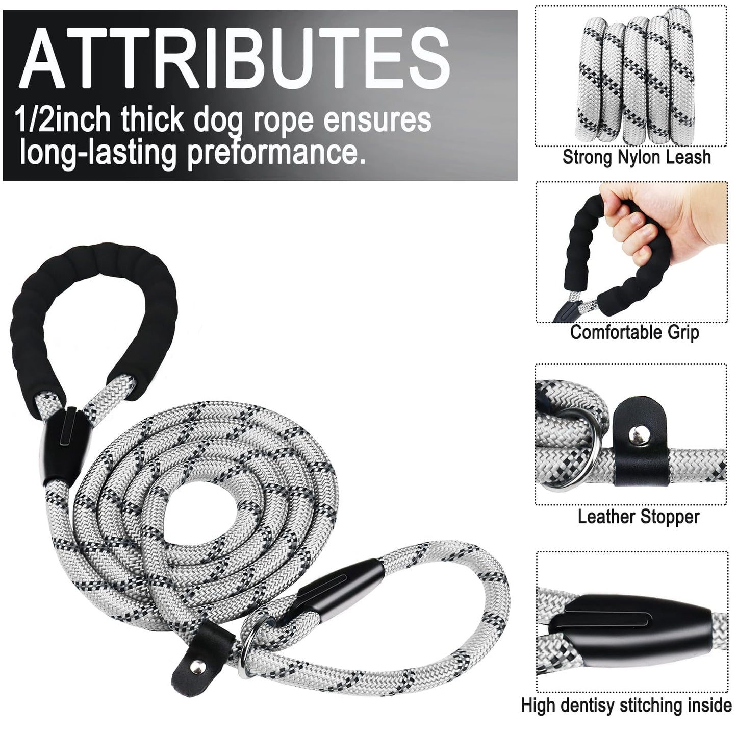 Hundeleine, 1,8 m lange, robuste Hundeleine, strapazierfähige Premium-Qualität, starke Seil-Schlupfleine mit komfortablem, gepolstertem Griff und hochreflektierenden Fäden für kleine, mittlere und große Hunde, (Schwarz) 