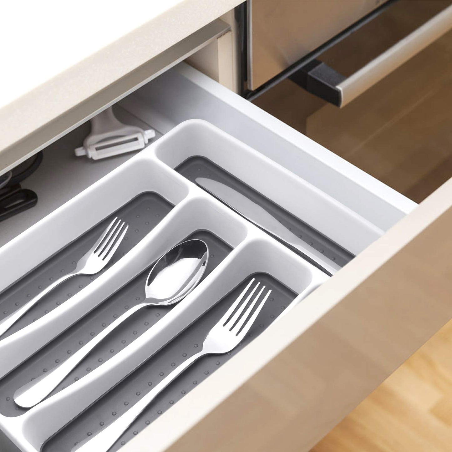 RayPard 24-Piece Silverware Set, Flatware Set Mirror Polished, Dishwasher Safe Service for 4, Include Fork/Spoon with 5-Compartment Non Slip Silverware Drawer Organizer Box Tray