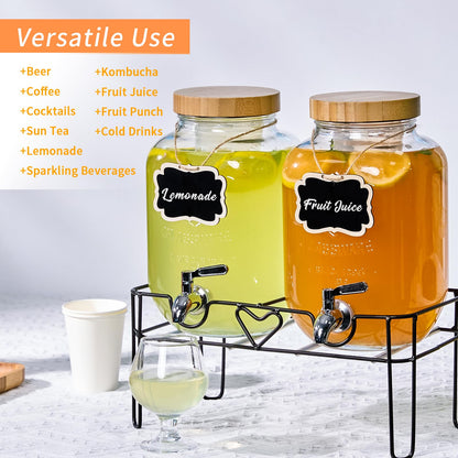 ShoreHao 2er-Pack 1-Gallonen-Glasgetränkespender mit Ständer, Bambusdeckeln und Fruchteinsatz, auslaufsicherer Zapfhahn aus Edelstahl 304, Getränkespender für Partys, Wasser, Sangria, Saft, Eistee, Limonade (natürlich)
