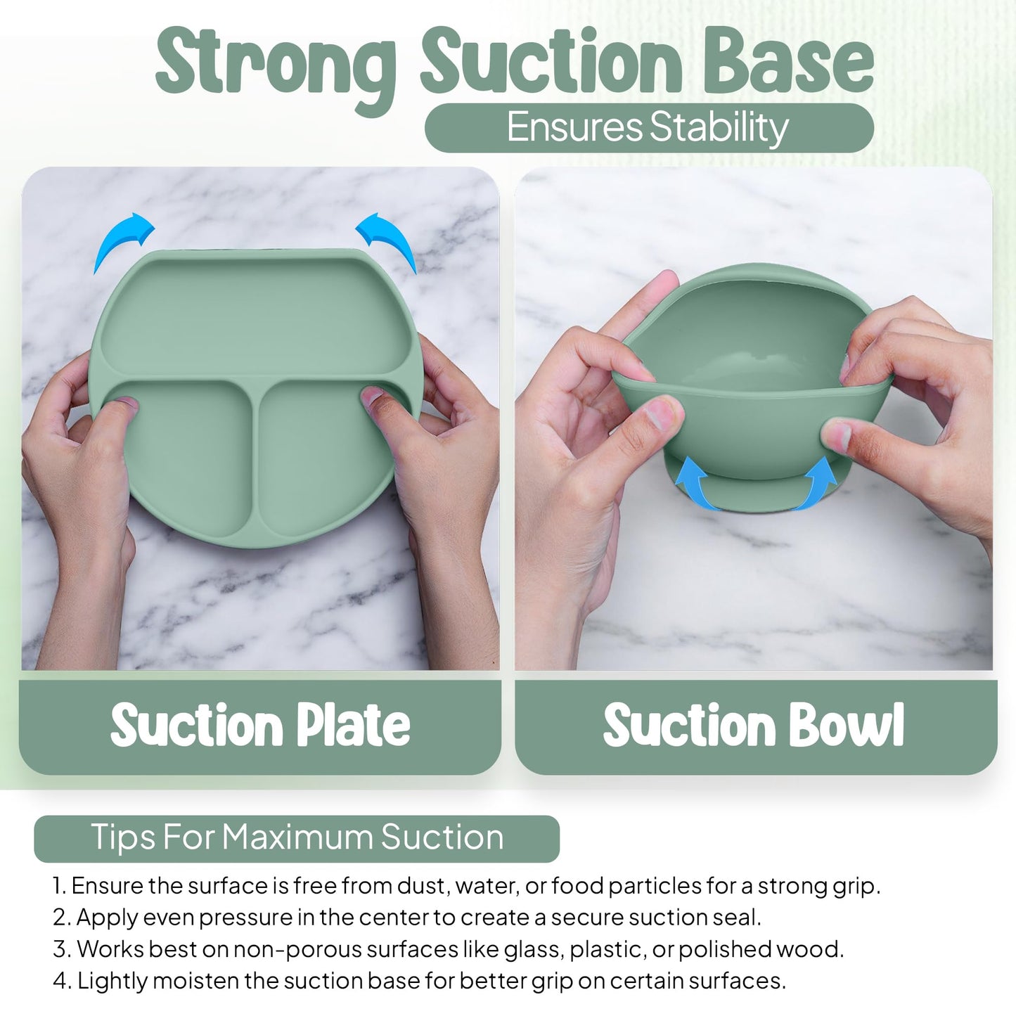 O'doe 17-Piece BPA-Free Silicone Baby Feeding Set | Thick & Soft Suction Plates, Baby Bowls, Wooden Fork & Spoon, and More | Make Mealtime Fun and Easy for Your Little One (Green, V2)