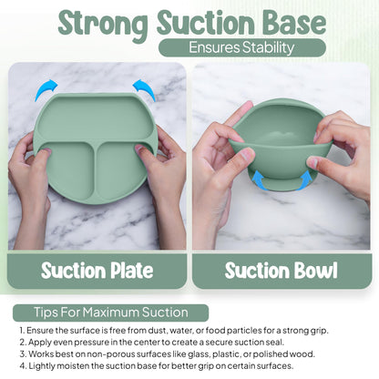 O'doe 17-Piece BPA-Free Silicone Baby Feeding Set | Thick & Soft Suction Plates, Baby Bowls, Wooden Fork & Spoon, and More | Make Mealtime Fun and Easy for Your Little One (Green, V2)