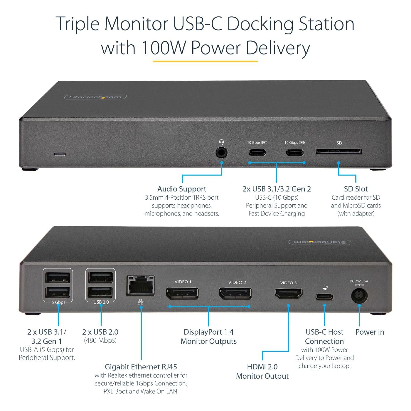 StarTech.com USB C Dock - Triple 4K Monitor USB Type-C Docking Station - 100W Power Delivery - DP 1.4 Alt Mode & DSC, 2X DisplayPort 1.4/HDMI 2.0-6xUSB (2X 10Gbps), SD - Windows/Chrome (DK31C2DHSPD)