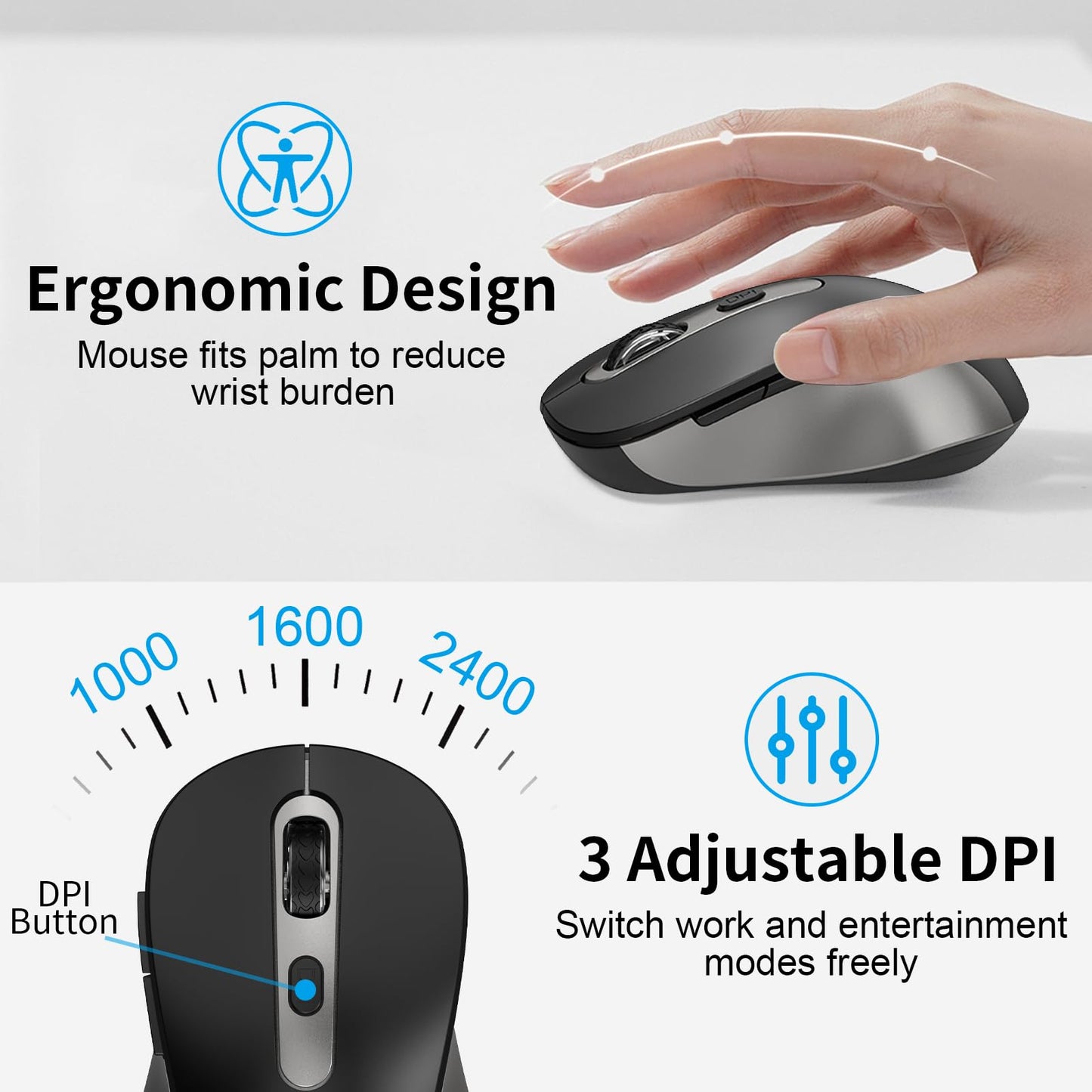 Geräuschlose Tastatur und Maus, kabellose, kompakte Computertastatur in voller Größe mit Taschenrechnertaste, 2400-DPI-Maus, leises Klicken, ultradünnes kabelloses USB-Set für Windows- und Mac-Laptops – Eisengrau