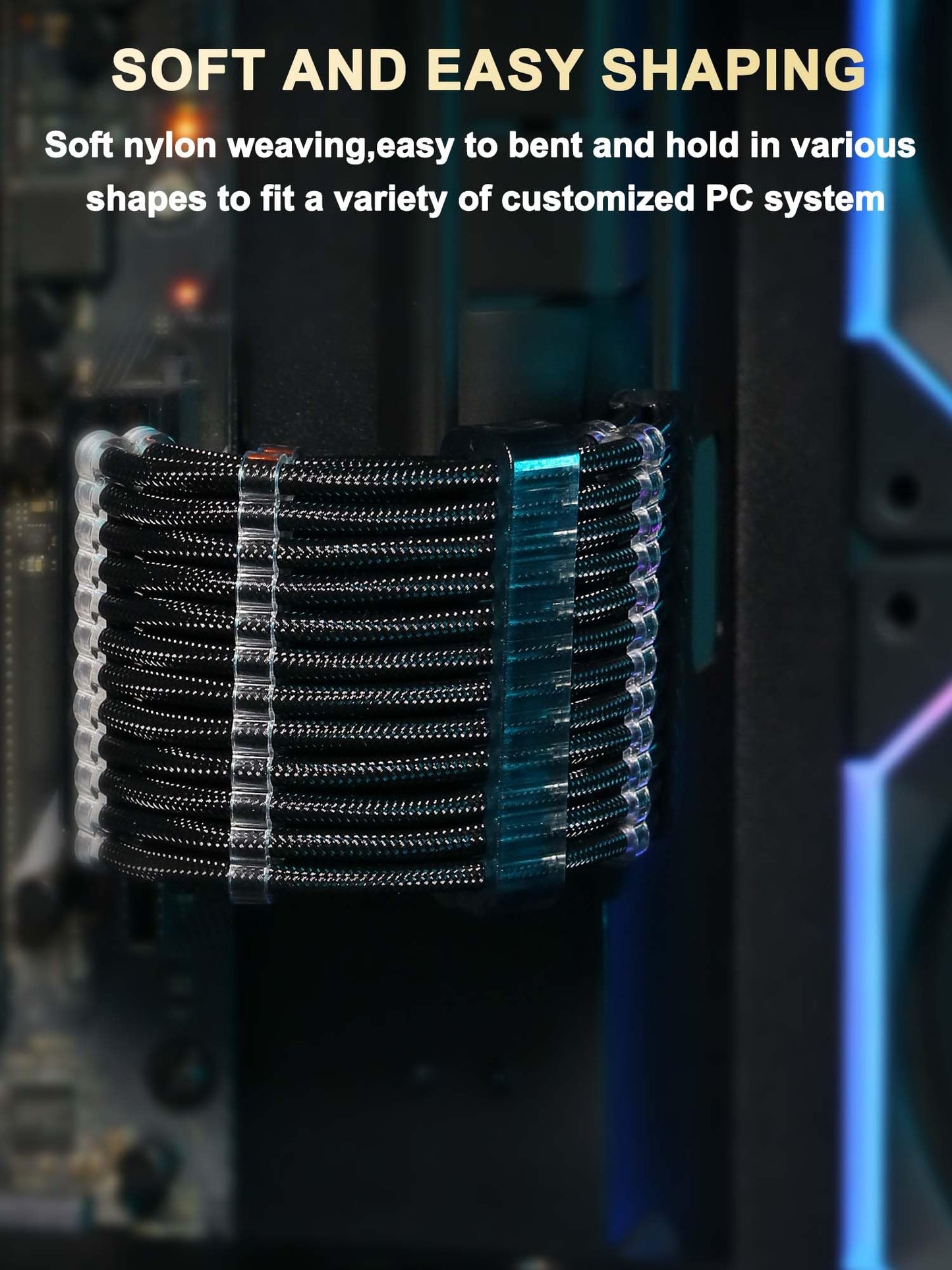 Sirlyr Transparentes Netzteil-Verlängerungsset für individuelle PC-Netzteile (16 AWG) mit 24-Pin-ATX-Anschluss, 1/8-Pin-EPS-Anschluss und 2 vergoldeten 8-Pin-PCIe-Anschlüssen, weiches, nylonummanteltes schwarzes Kabel.