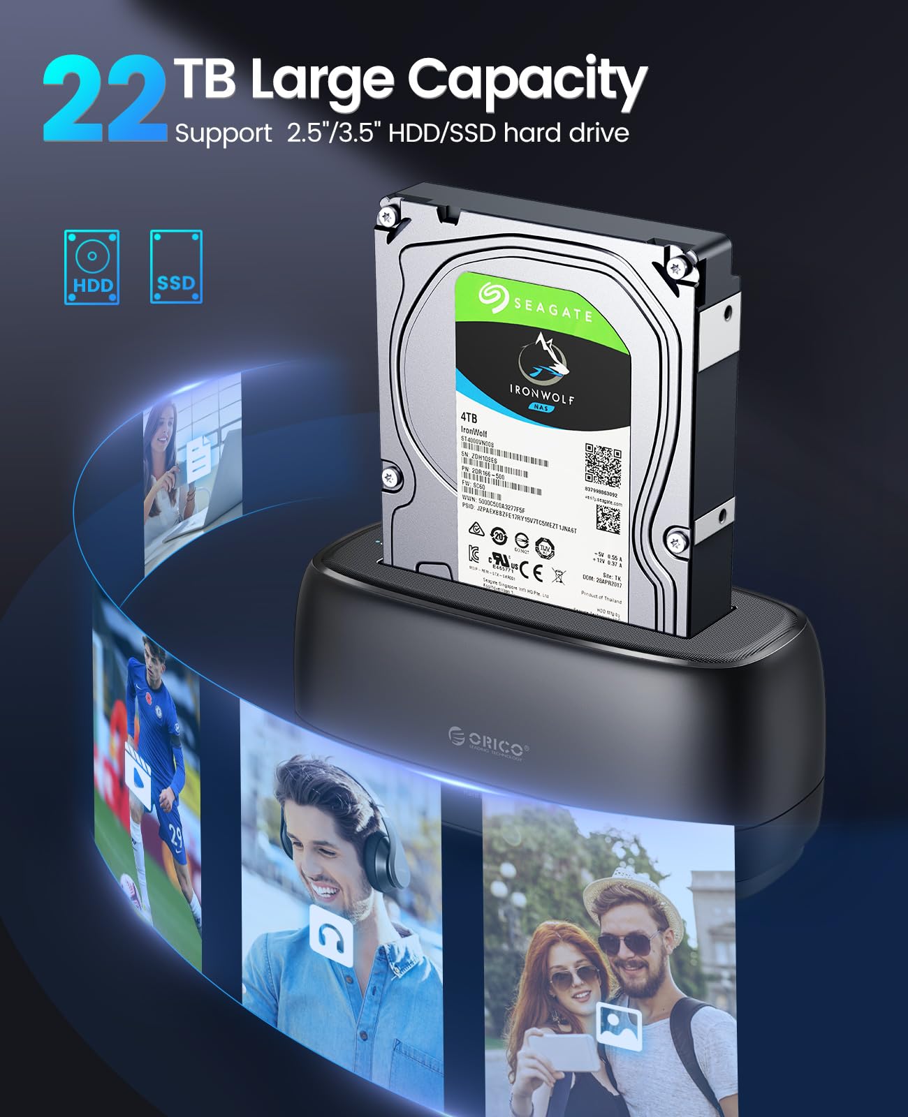 ORICO Externe Festplatten-Dockingstation für 2,5/3,5 Zoll HDD/SSD, USB 3.0 zu SATA-Festplatten bis zu 22 TB, unterstützt UASP, 12-V-Netzteil – DD18