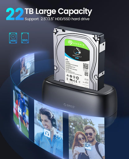 ORICO Externe Festplatten-Dockingstation für 2,5/3,5 Zoll HDD/SSD, USB 3.0 zu SATA-Festplatten bis zu 22 TB, unterstützt UASP, 12-V-Netzteil – DD18