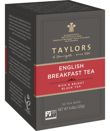 Taylors of Harrogate English Breakfast, Schwarzer Tee, Kissen-Teebeutel, 50 Stück (1 Packung), Kräftig, spritzig &amp; malzig, koffeinhaltig, heiß oder eisgekühlt genießen, 50 Teebeutel
