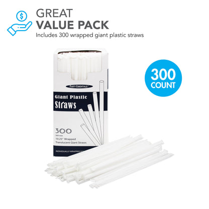 Party Essentials Disposable Plastic Drinking Straws, 10.25" Giant/300 Count, Individually Wrapped Clear