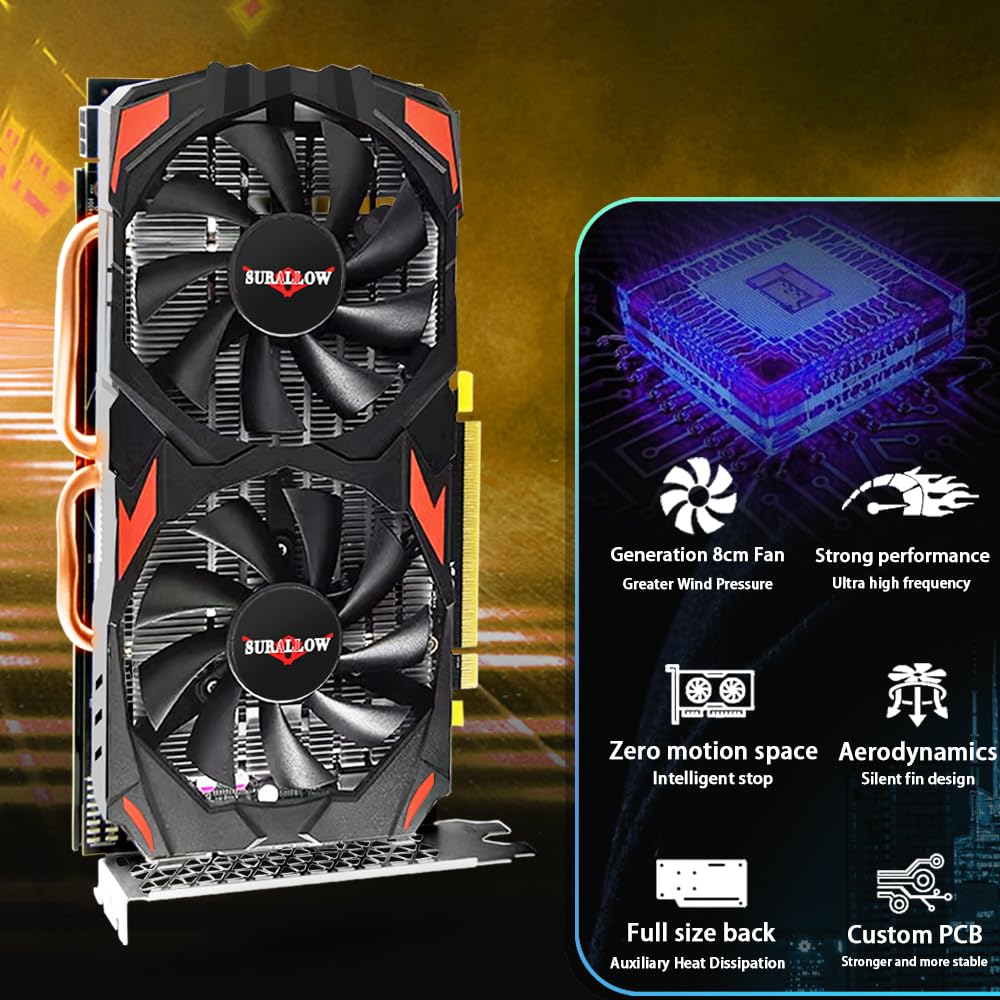 SURALLOW RX 580 8GB Grafikkarte, 2048SP, GDDR5, 256 Bit Grafikkarte für Gaming-PC, PCIE 3.0, Twin Freeze Lüfter Computer-Grafikkarte mit HDMI/DP/Anschlüssen