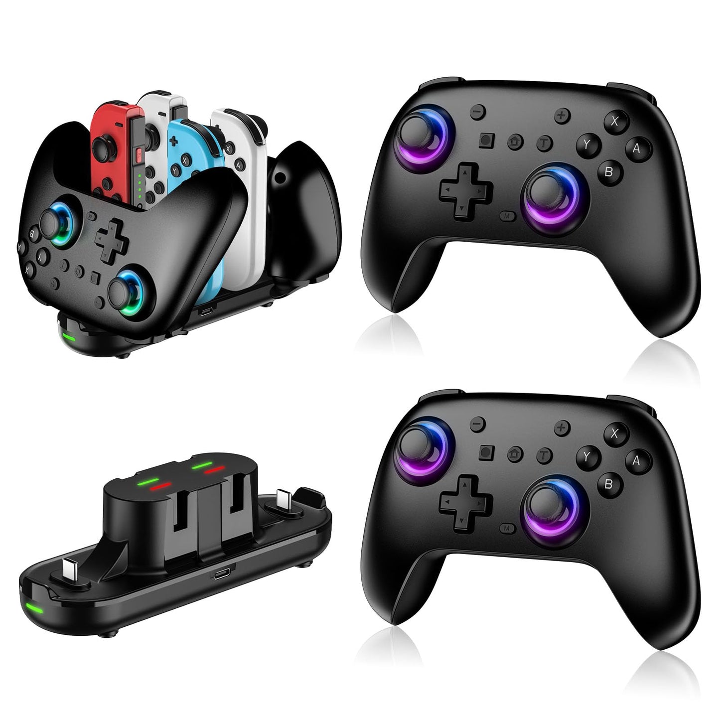 RGB Switch Controllers 2 Pack with Charging Dock, Wireless Switch Pro Controller for Switch 2 or 1/Lite/OLED, Game Controller with Hall Effect Joystick/Motion Sensor/Dual Vibration/Screen Shot/Cable