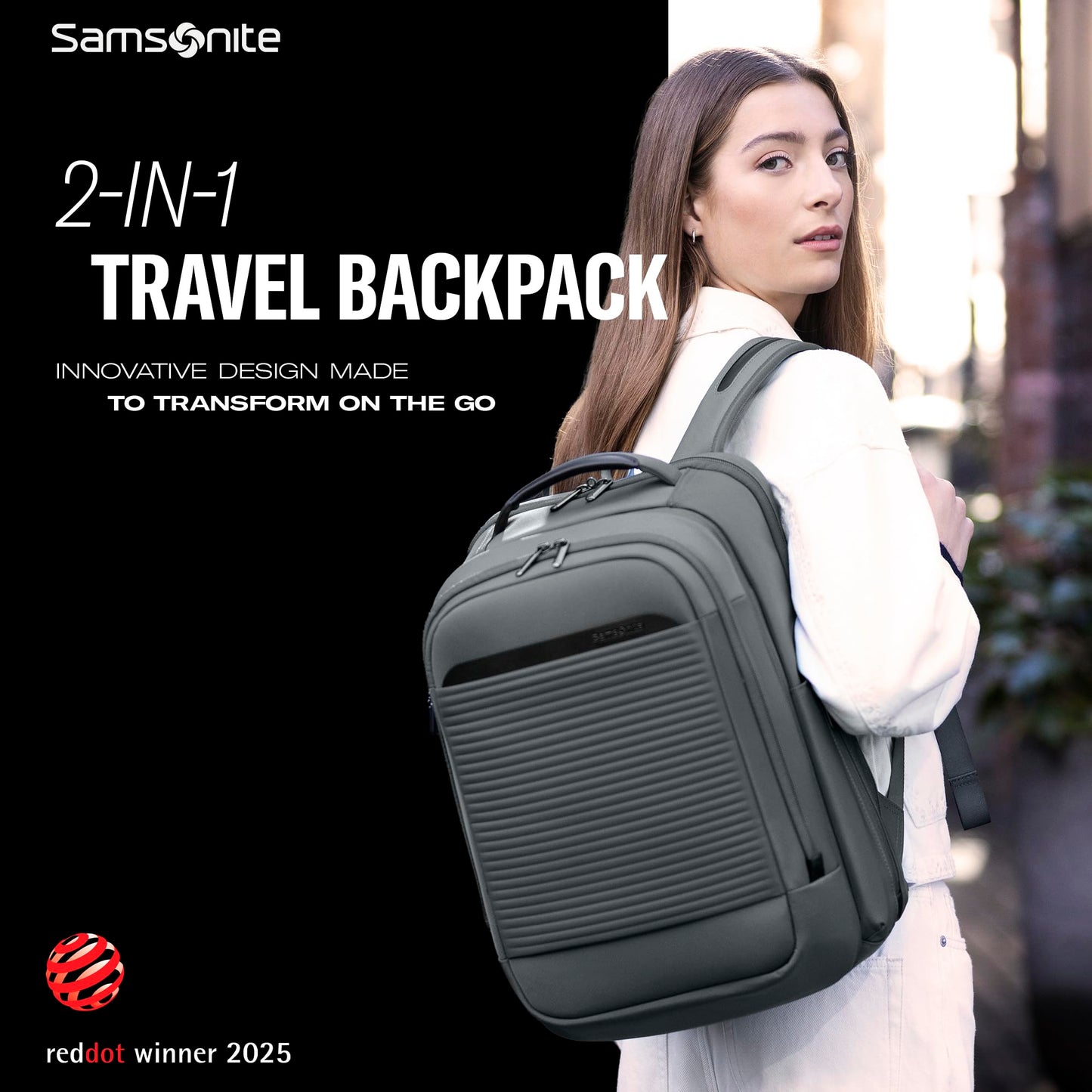 Samsonite Paralux 2-in-1 Reiserucksack, umwandelbar in Haupttasche + Notfalltasche, flach zusammenfaltbar, StackIt™-Gurt, Laptopfach &amp; integrierter AirTag™-Halter – Business- &amp; Abenteuerreiserucksack – Olivgrün