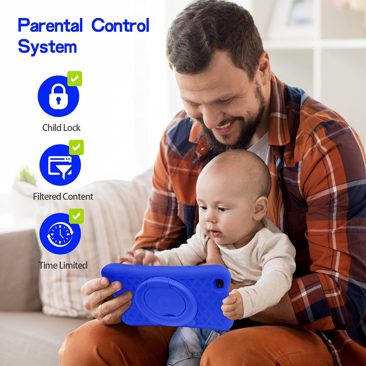 PRITOM 8-Zoll-Quad-Core-Android-Tablet, 64 GB, WLAN, Bluetooth, Dual-Kamera, Lern-Apps, Spiele, Kindersicherung, Kindersoftware mit Tablet-Schutzhülle (Blau)