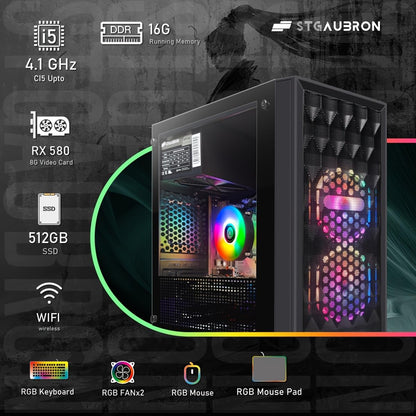 STGAubron Gaming PC Computer Desktop, Radeon RX 580 8G GDDR5, Intel Core i5-9400F up to 4.1GHz, 16G DDR4 Memory, 512G SSD, 600M WiFi, BT 5.0, RGB Fan x 2, Windows 11 Home